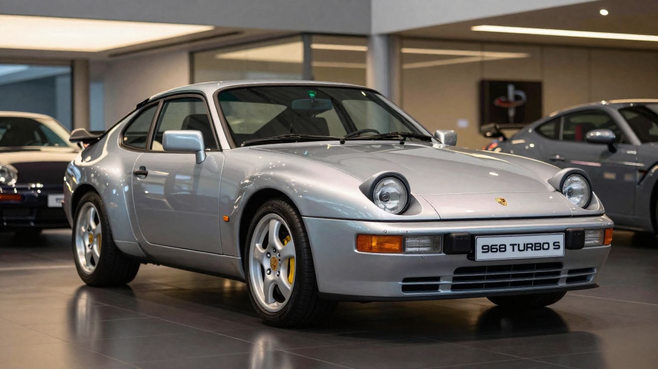 Carro esportivo prata Porsche 968 Turbo S estacionado em showroom com outros carros ao fundo.