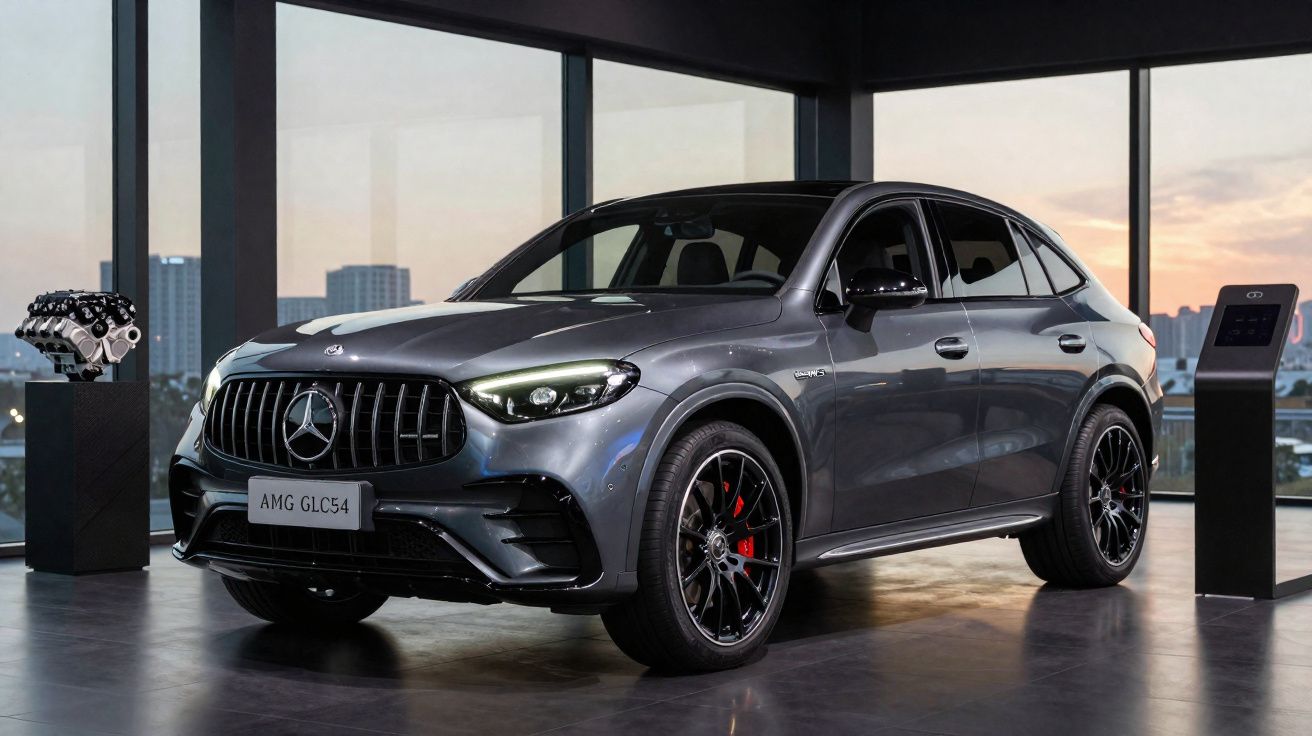 Mercedes-AMG GLC 54 cinza estacionado em showroom com grandes janelas ao fundo e motor em exibição.