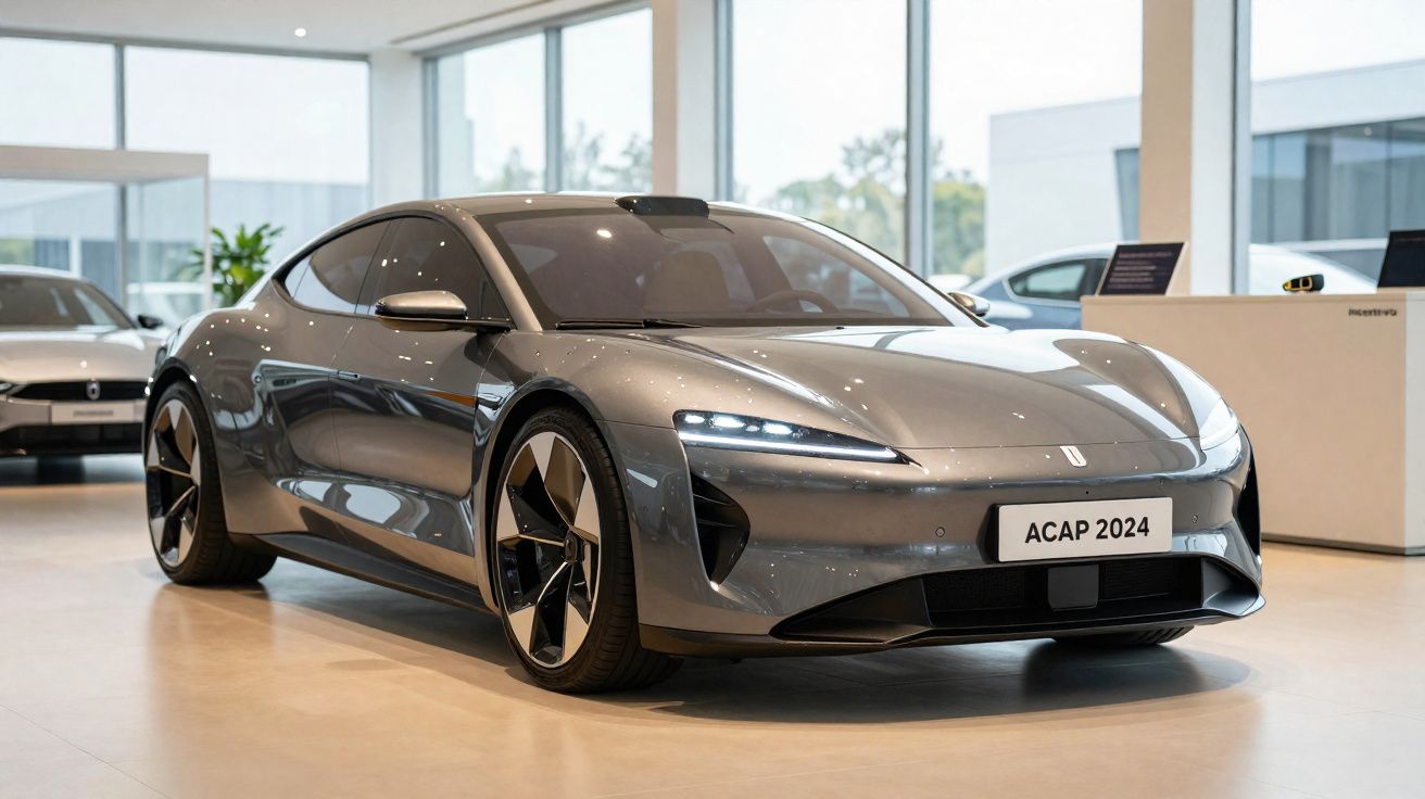 Carro esportivo elétrico cinza com design moderno em exposição dentro de showroom iluminado.