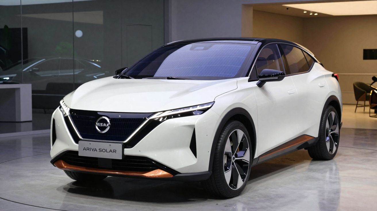 Carro elétrico Nissan Ariya Solar branco com teto solar e detalhes em cobre exibido em salão.
