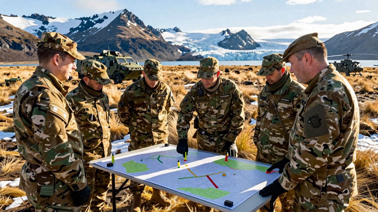 Militares em uniforme camuflado analisam mapa sobre mesa em área aberta com montanhas e neve ao fundo.