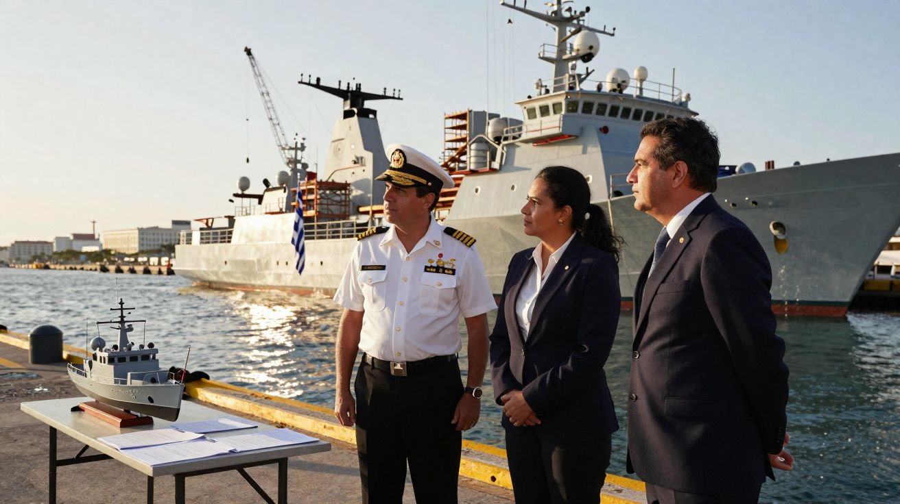 Oficiais observam modelo de navio ao lado de embarcação militar no cais ao pôr do sol.