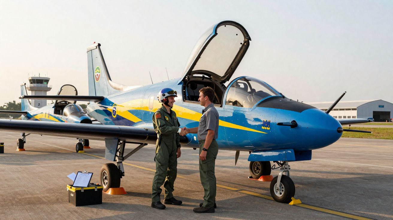 Dois pilotos se cumprimentam em frente a um avião de pequeno porte azul com listra amarela, em um aeroporto.