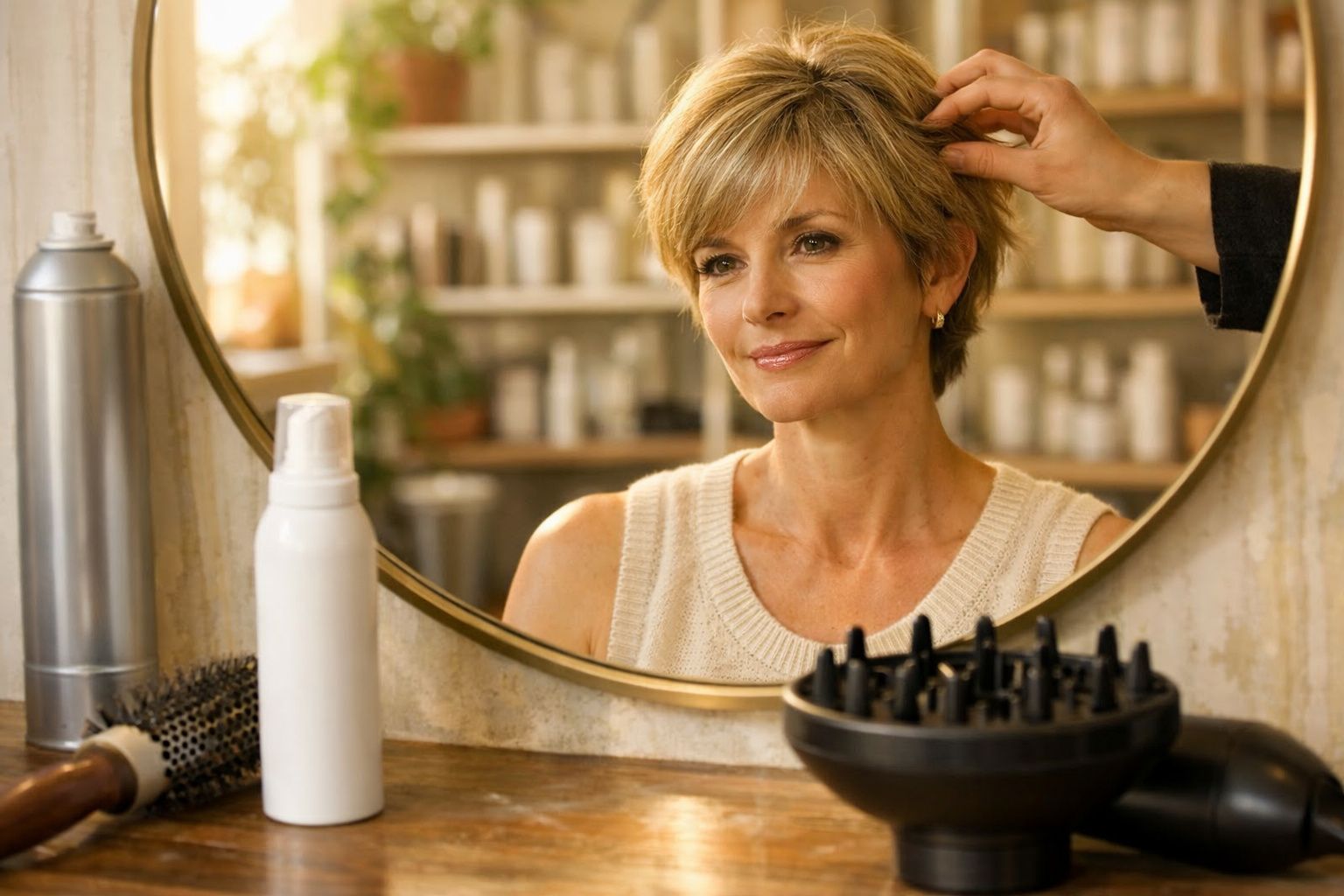 Mulher loira com cabelo curto sorrindo em frente ao espelho enquanto recebe penteado.