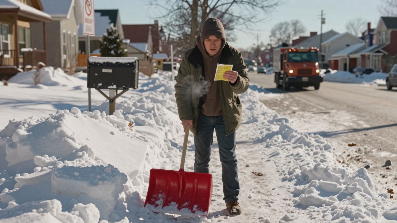 Homem com jaqueta e capuz usa pá vermelha para limpar neve em calçada residencial sob sol.