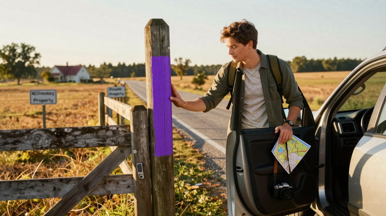 Jovem com mochila e mapa sai de carro para explorar campo, tocando cerca de madeira em área rural.