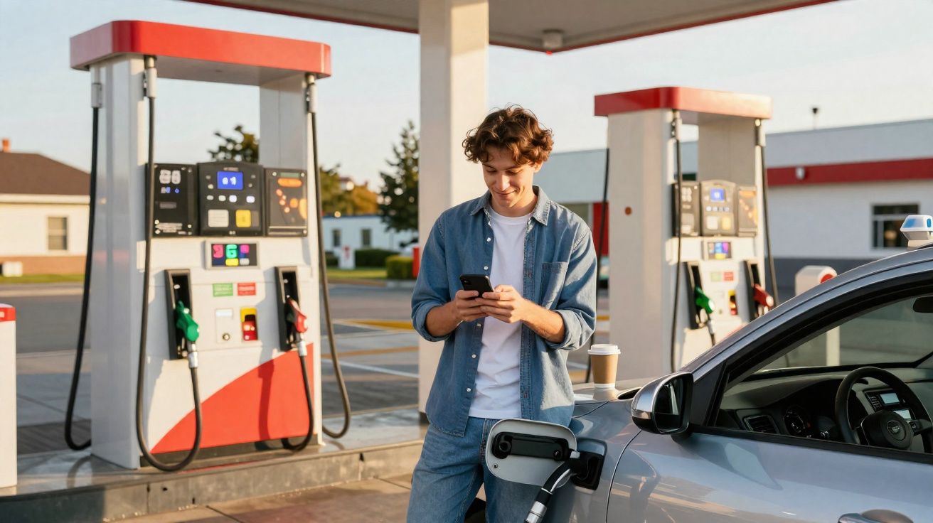 Jovem sorridente usando celular enquanto abastece carro em posto de gasolina ao entardecer.