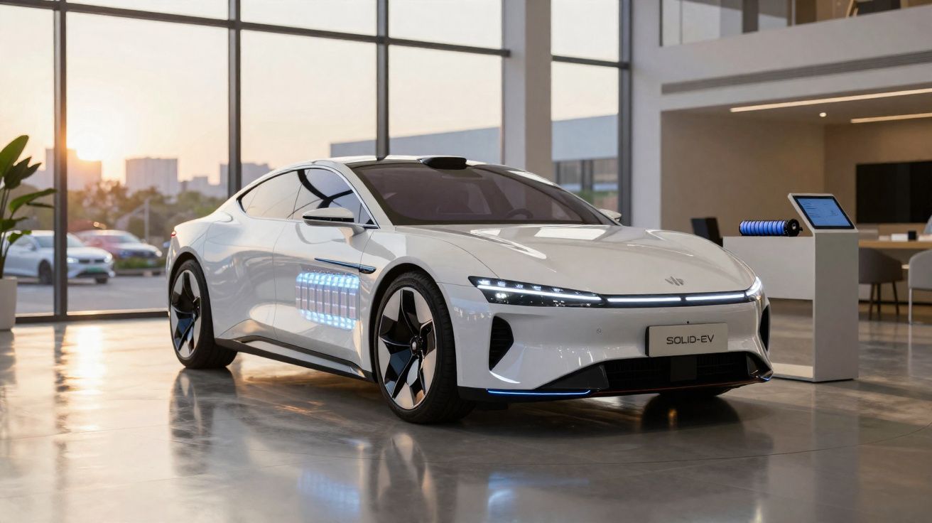 Carro elétrico branco moderno exibido em showroom com grandes janelas e piso refletivo.