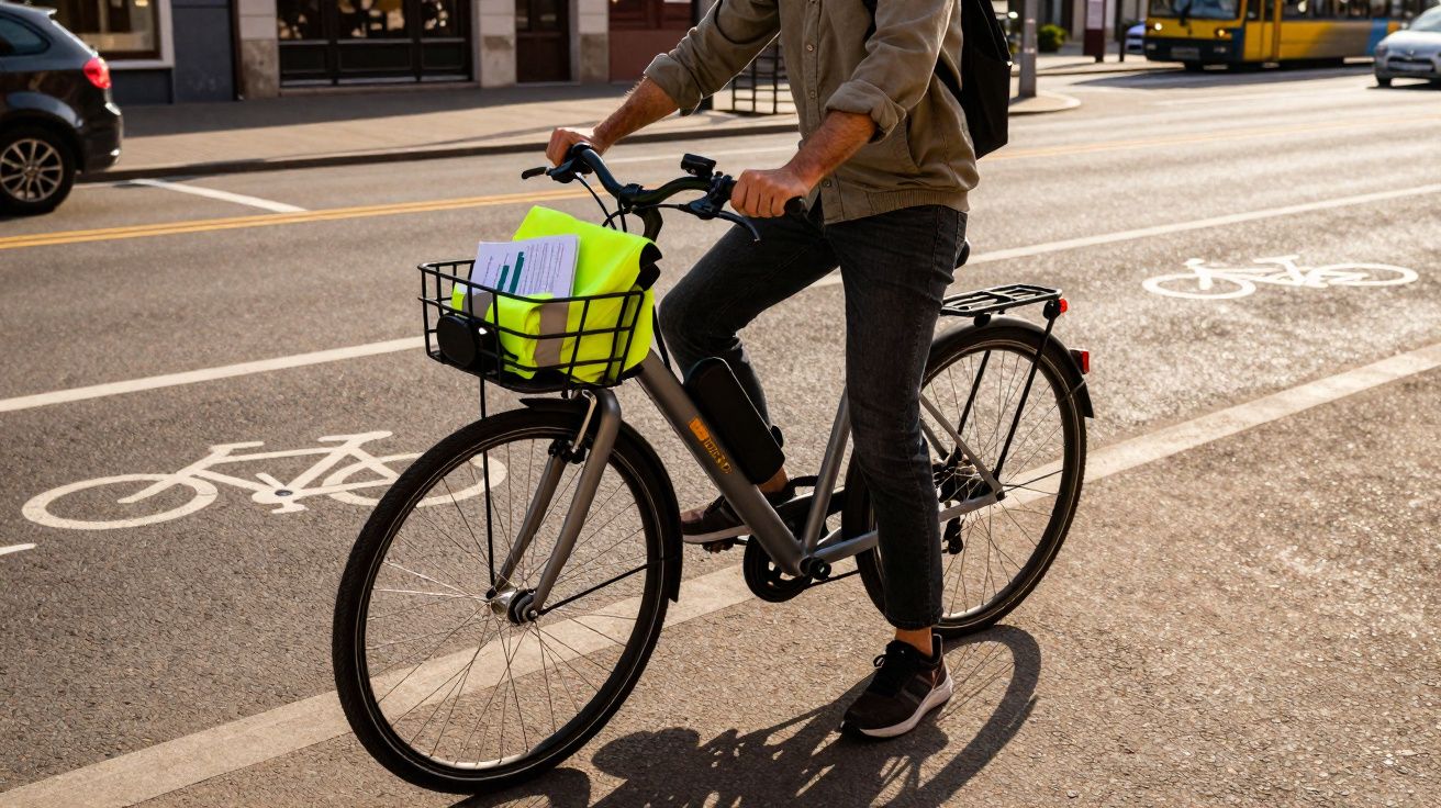 Pessoa pedalando bicicleta cinza em ciclovia urbana com mochila preta e cesta com documentos e camisa neon.