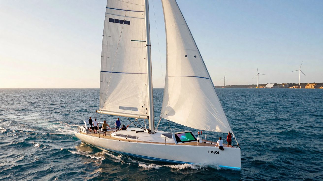 Veleiro branco com pessoas navegando em mar calmo sob céu claro, com turbinas eólicas ao fundo.