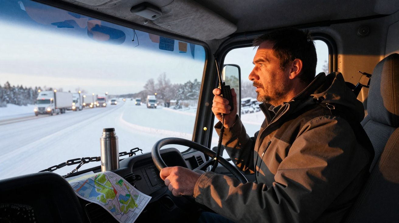 Motorista de caminhão usando rádio comunicador enquanto dirige na estrada coberta de neve ao amanhecer.