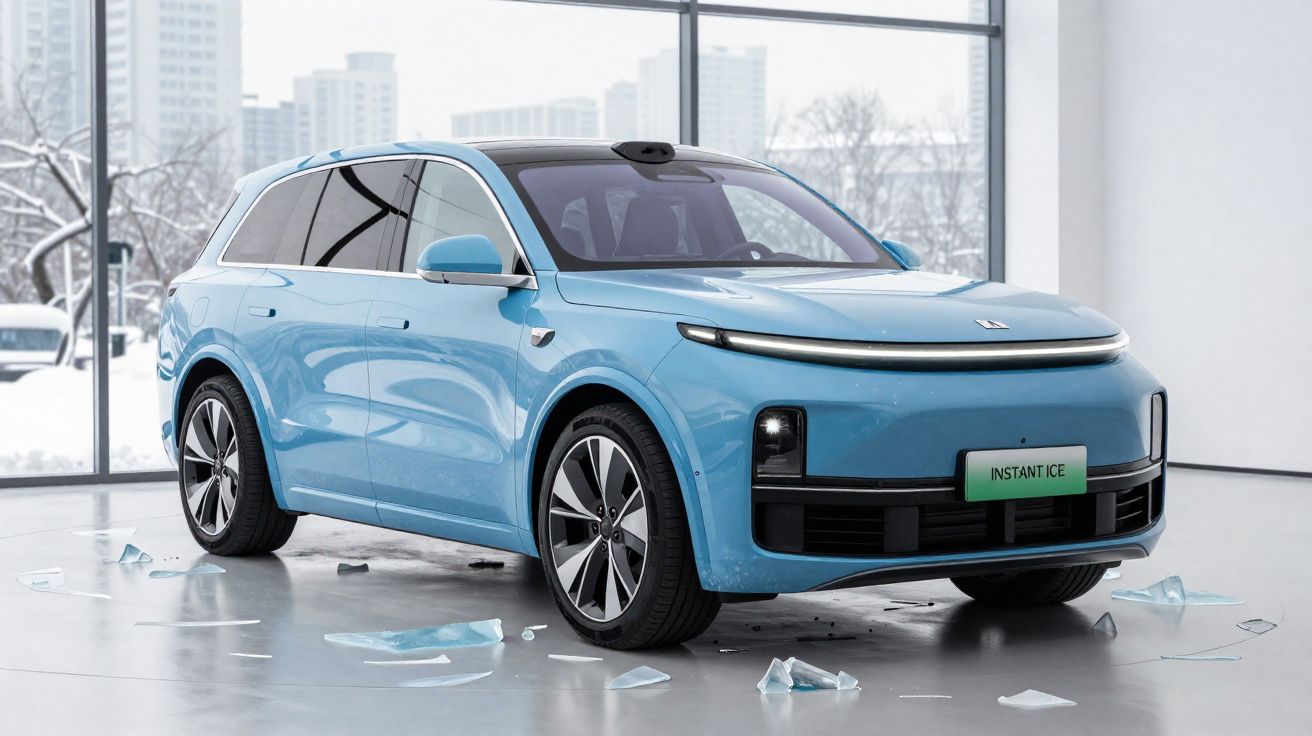 Carro elétrico compacto azul estacionado em ambiente interno com fragmentos de vidro no chão.