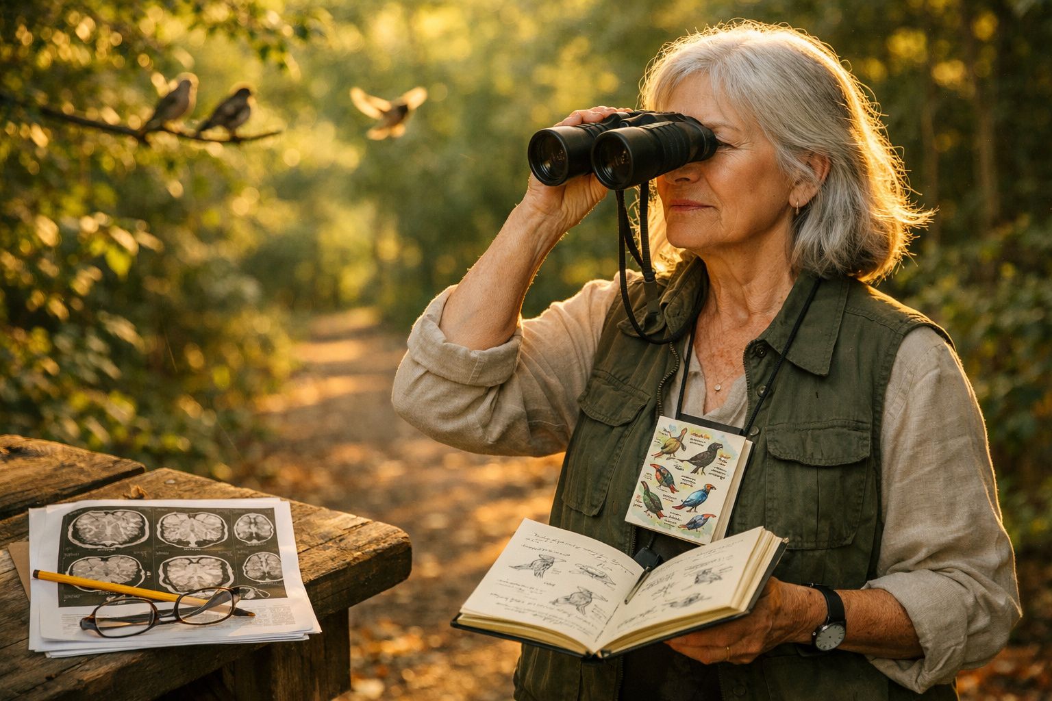 Mulher idosa observa pássaros com binóculo enquanto segura livro de aves em ambiente natural ao entardecer.