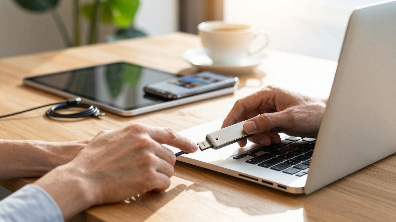 Pessoa inserindo pendrive em laptop sobre mesa de madeira com tablet, celular e xícara ao fundo.
