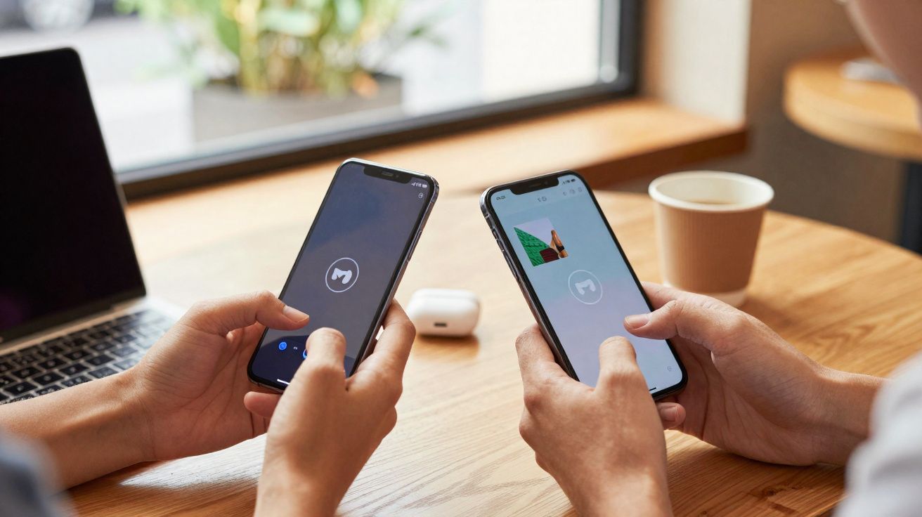 Duas pessoas usando smartphones com aplicativo de segurança em mesa com laptop, fones e café.