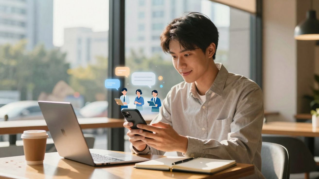 Jovem usando smartphone e laptop em mesa com café, recebendo mensagens digitais de colegas de trabalho.