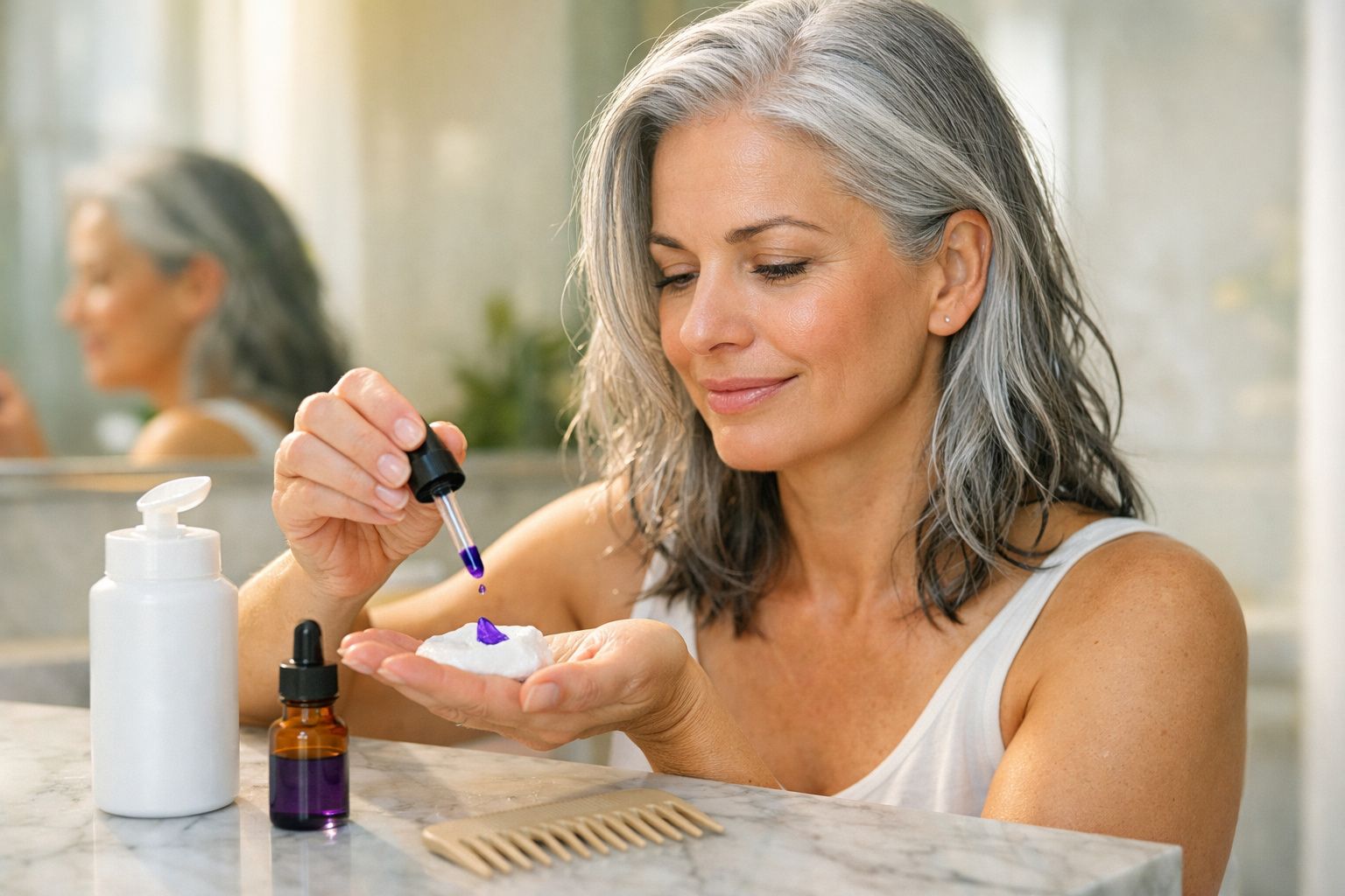Mulher madura aplicando sérum roxo em disco de algodão no banheiro espelhado.