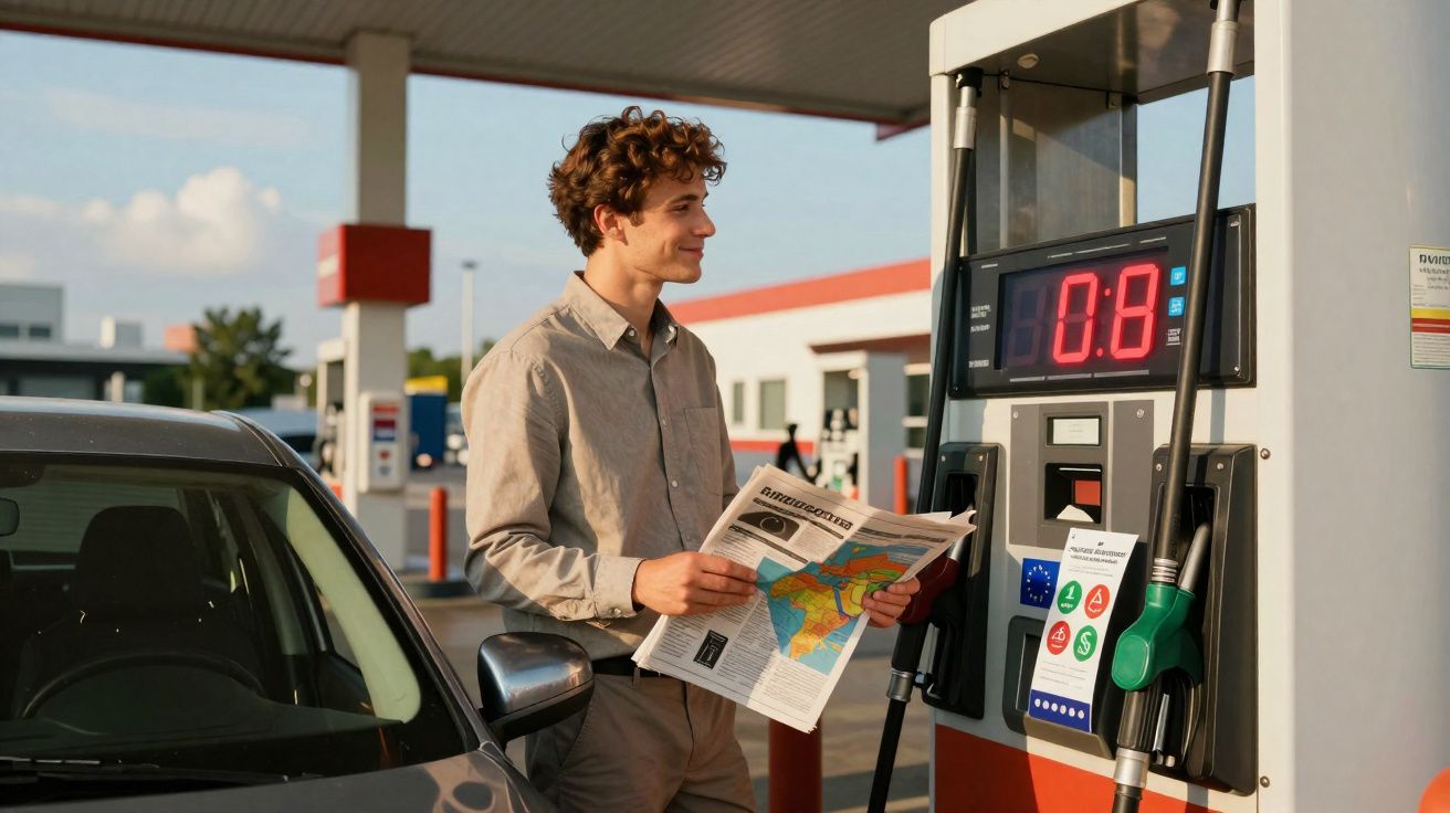 Homem com jornal na mão próximo a bomba de combustível em posto de gasolina.