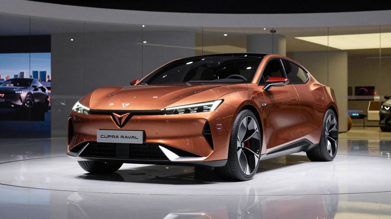 Carro esportivo elétrico Cupra Raval na cor cobre exibido em estande moderno, com iluminação brilhante.