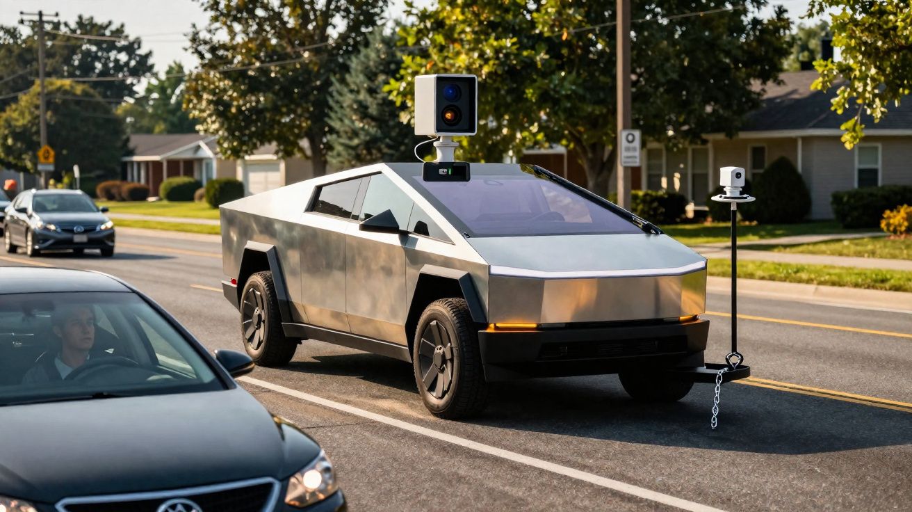 Carro elétrico futurista Tesla Cybertruck com equipamentos de sensores e câmeras em rua residencial.
