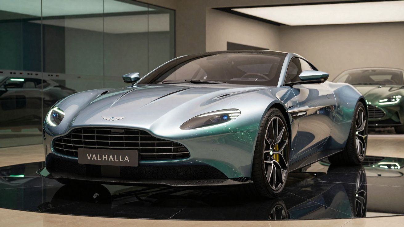 Carro esportivo Aston Martin Valhalla prata exibido em showroom moderno com piso espelhado.