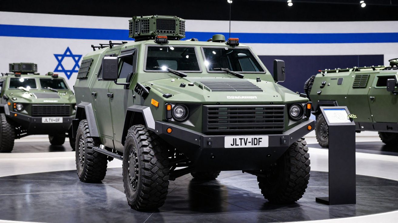 Veículo militar blindado verde com placa JLTV-IDF exposto em feira com bandeira de Israel ao fundo.