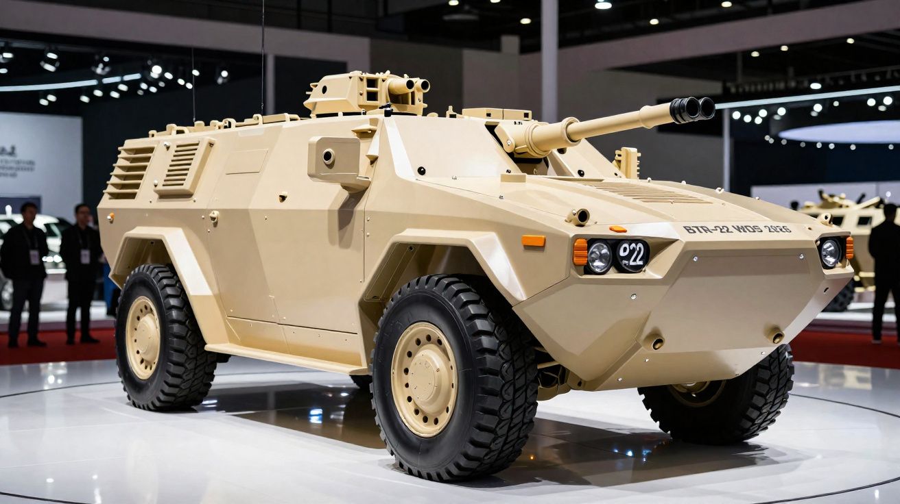 Veículo blindado militar bege com canhão exposto em exposição interna iluminada.