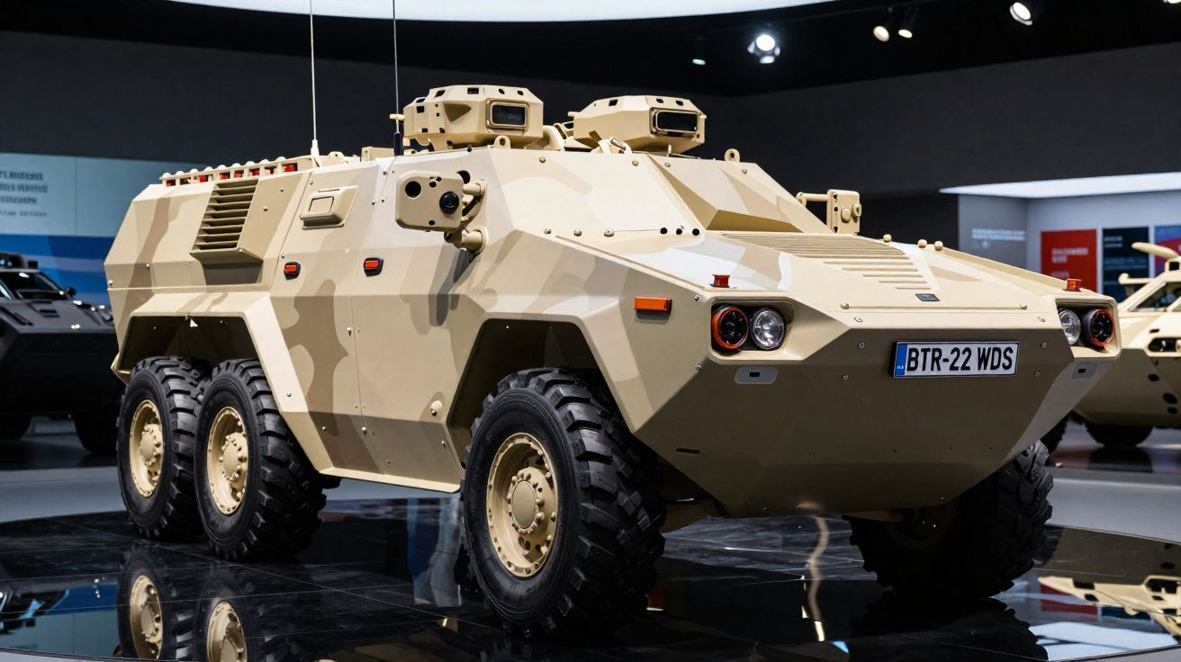 Veículo blindado militar amarelo areia com seis rodas exibido em evento interno.