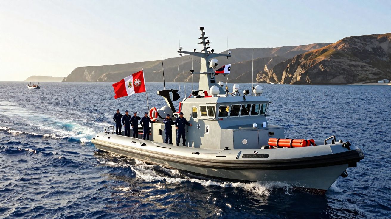 Barco militar peruano com tripulação navegando próximo a costa rochosa em mar calmo ao entardecer.