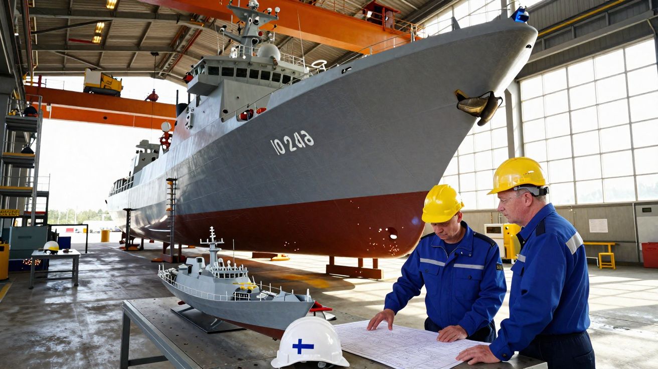 Dois homens com capacetes analisam plantas em estaleiro naval com navio cinza grande e modelo menor.