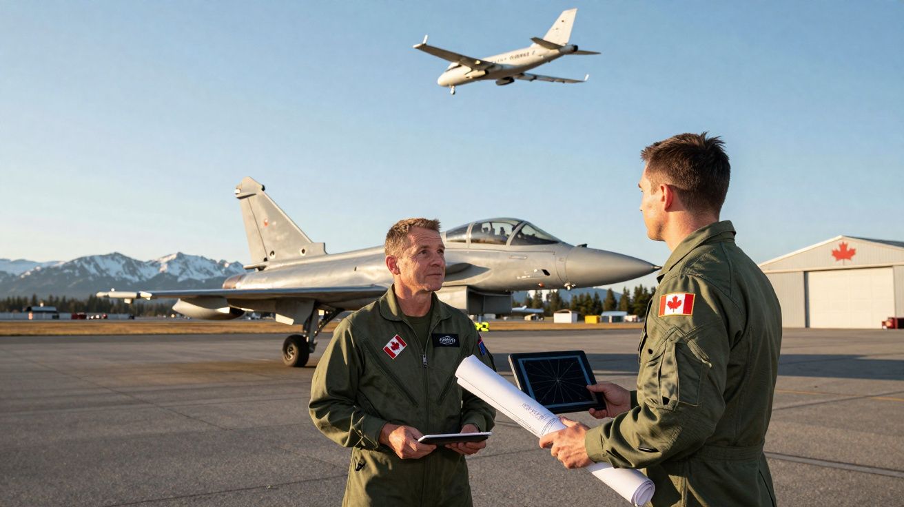 Dois militares canadenses conversam na pista de decolagem com jato e avião ao fundo.