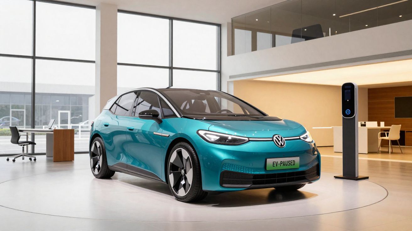 Carro elétrico Volkswagen azul em exposição dentro de ambiente moderno e iluminado.