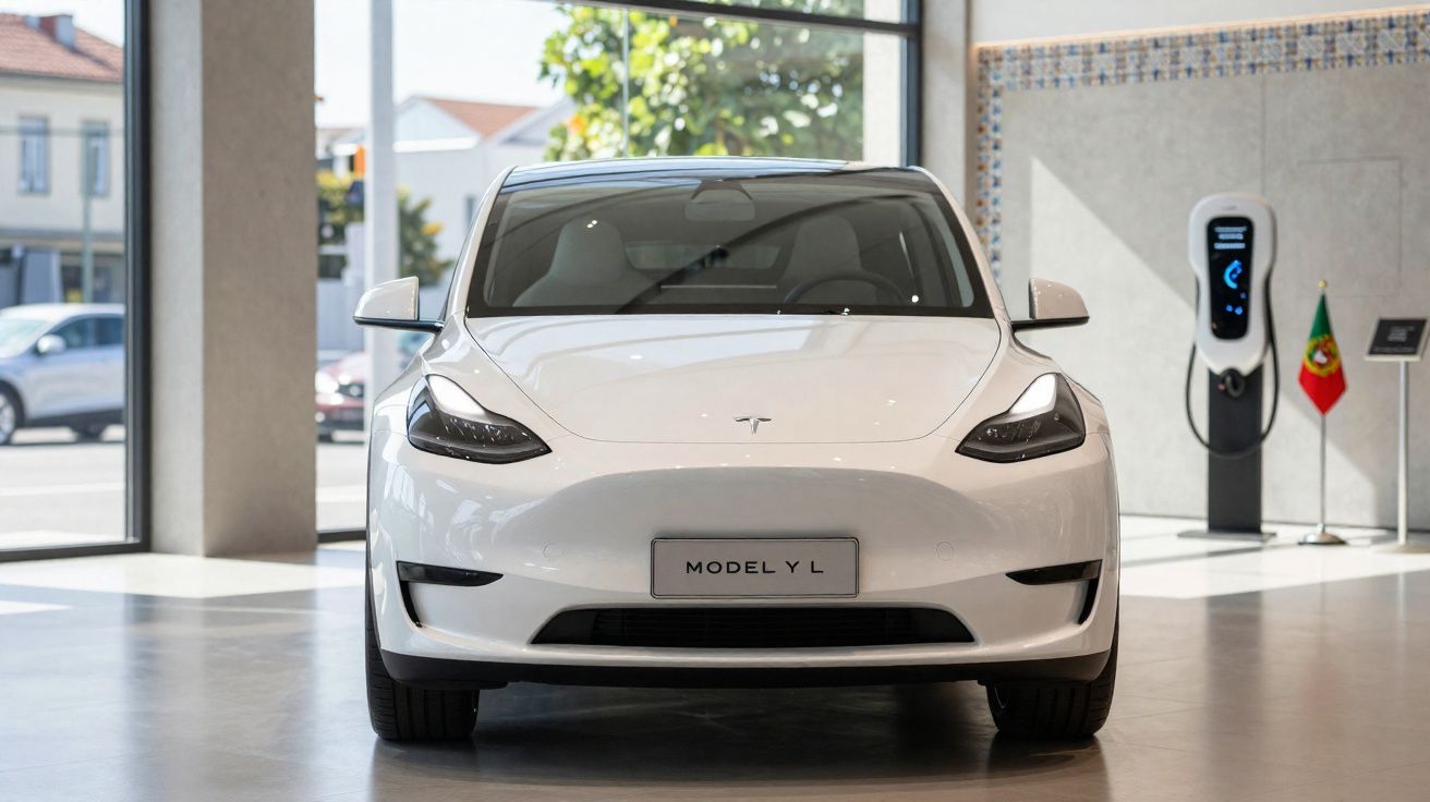 Carro elétrico Tesla Model Y branco parado em showroom com estação de carregamento e bandeira de Portugal ao fundo.