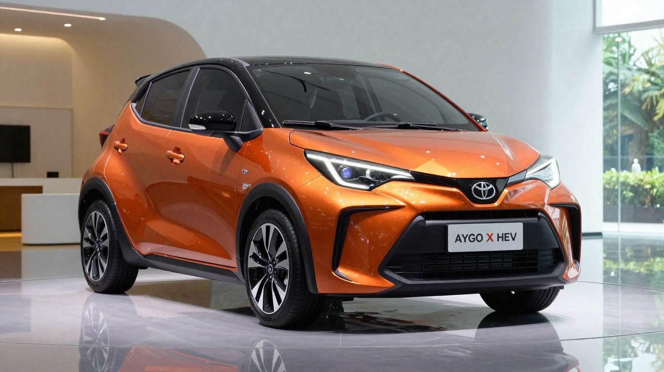 Carro compacto Toyota Aygo X HEV na cor laranja, em ambiente interno e moderno.