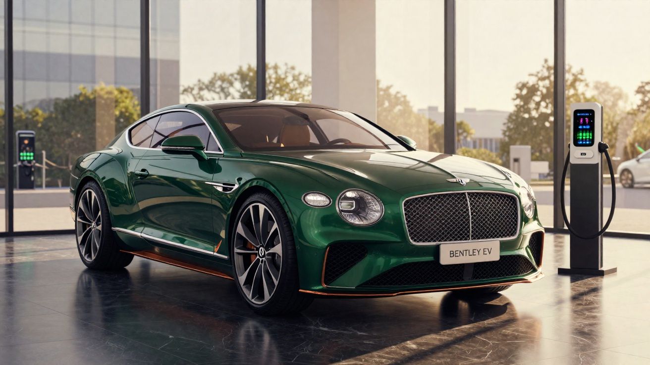 Carro esportivo elétrico Bentley EV verde estacionado em showroom ao lado de carregador elétrico.