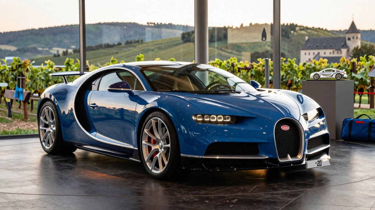 Carro esportivo azul Bugatti Chiron estacionado em ambiente interno com vinhedo ao fundo.