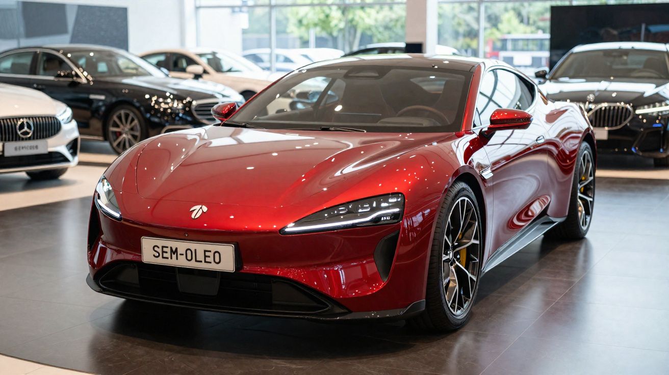 Carro esportivo elétrico vermelho em exposição em showroom moderno com outros veículos ao fundo.