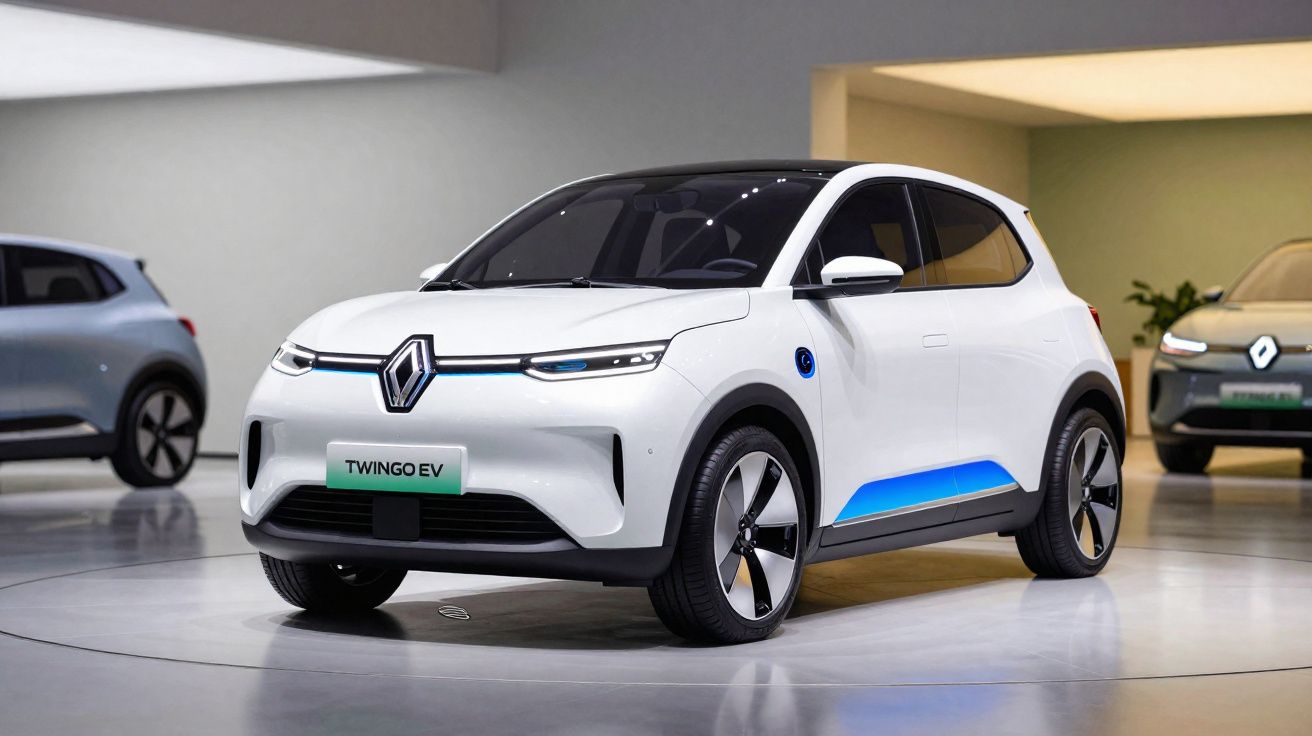 Carro elétrico branco Renault Twingo EV em exposição em ambiente interno moderno com outros carros ao fundo.