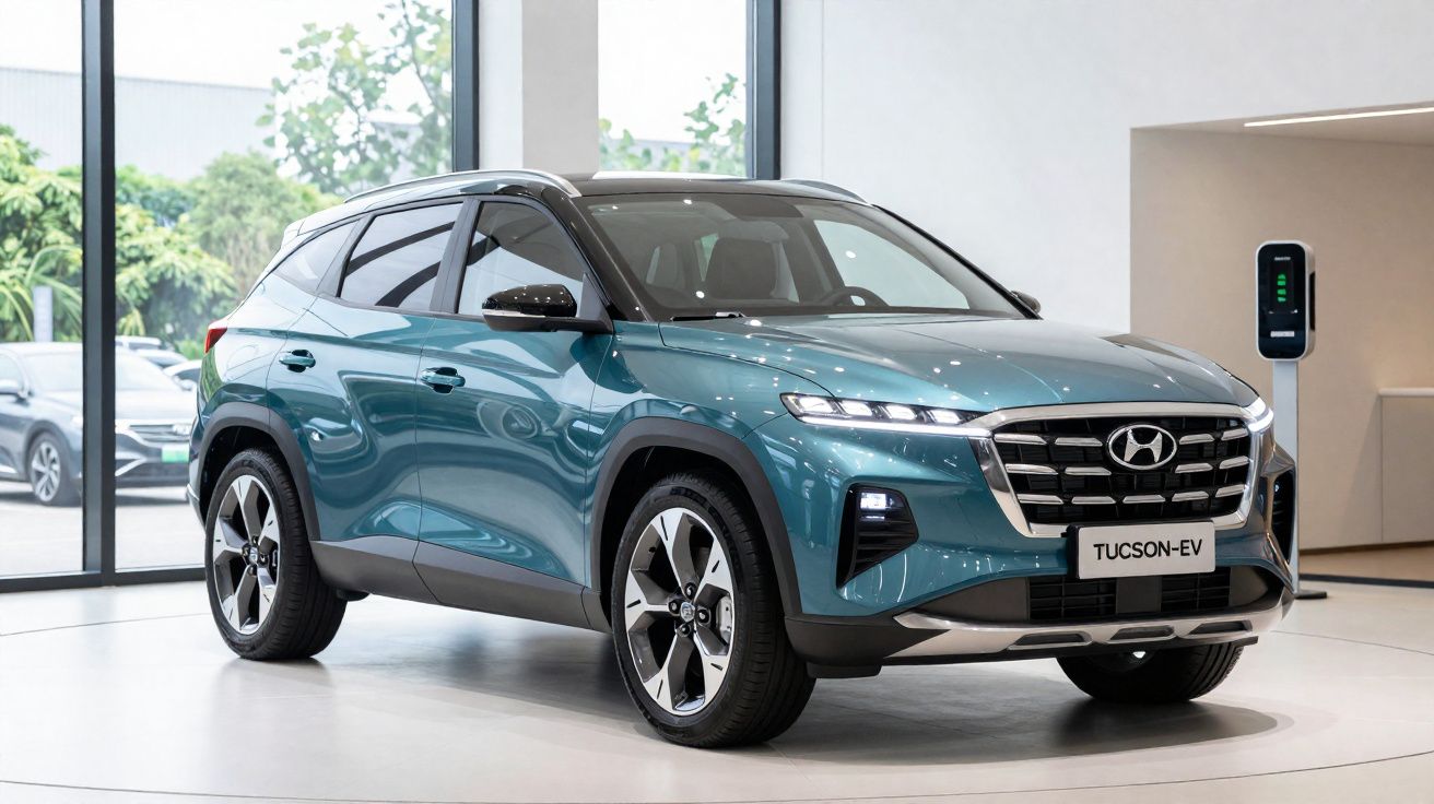 SUV elétrico Hyundai Tucson-EV azul exibido em showroom moderno com carregador ao fundo.