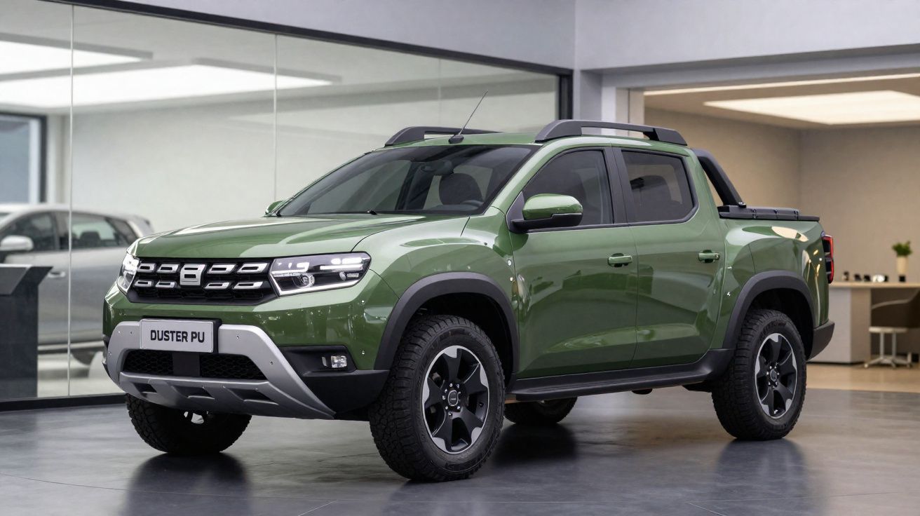 Picape verde Duster PU estacionada em ambiente interno moderno com vidro e móveis ao fundo.