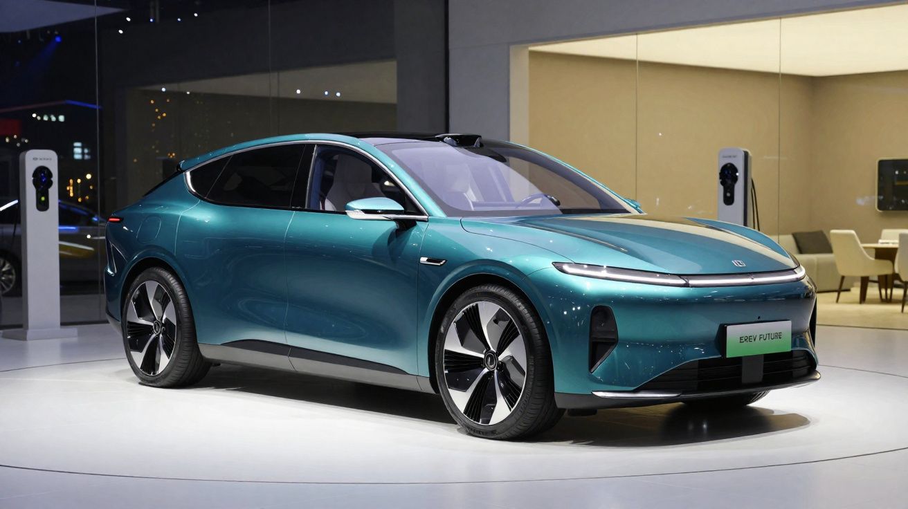 Carro elétrico azul metálico em exposição com design moderno e carregadores ao fundo.