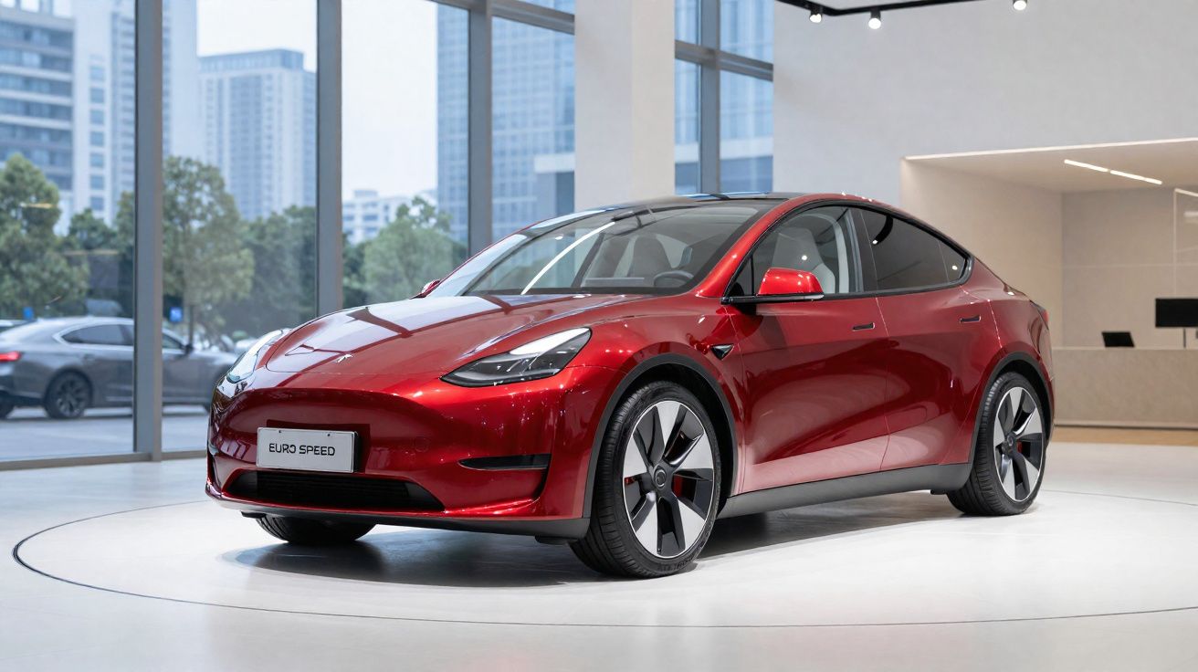 Carro elétrico vermelho Tesla Model Y exposto em showroom moderno com grandes janelas e prédios ao fundo.