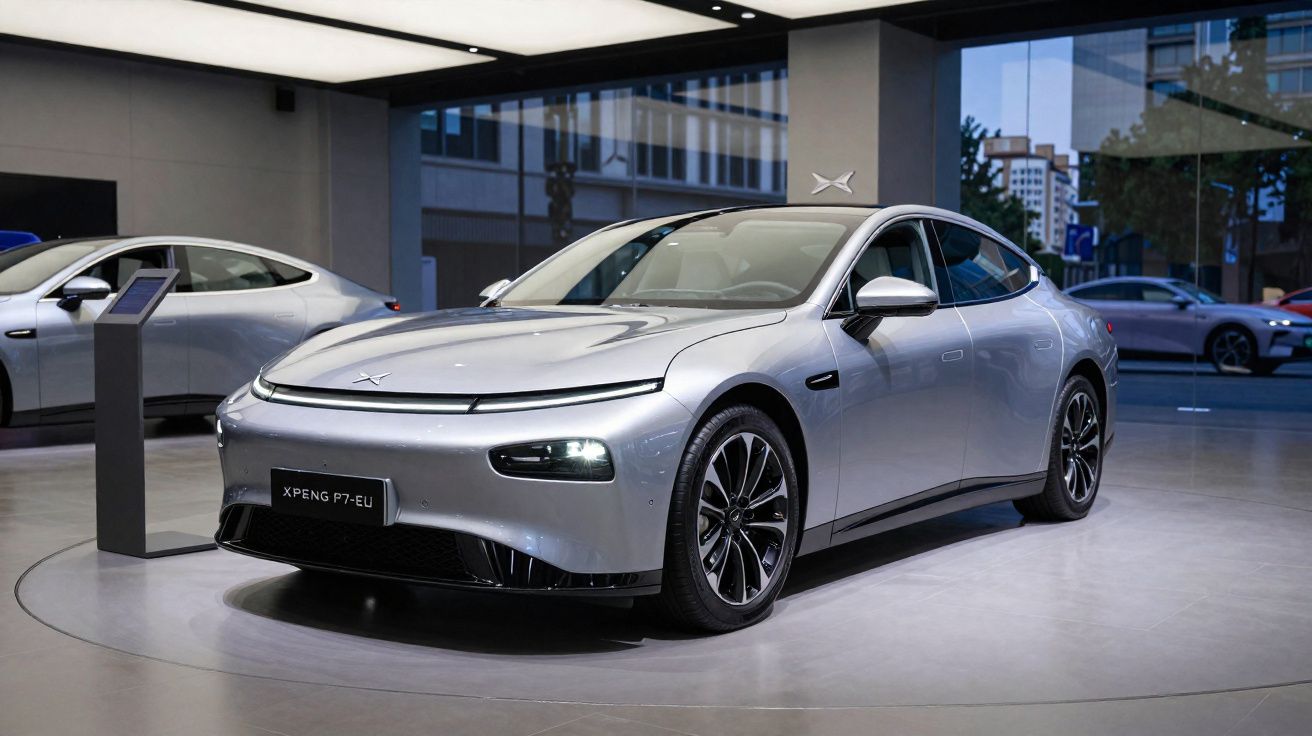 Carro elétrico prata XPeng P7 estacionado em showroom moderno com iluminação branca.