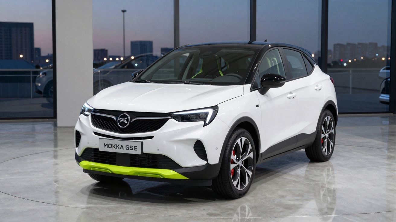 Carro branco Opel Mokka GSE estacionado em piso brilhante dentro de showroom moderno ao entardecer.
