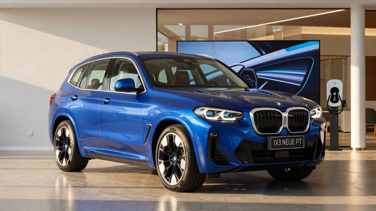Carro SUV elétrico BMW azul estacionado em showroom moderno com carregador elétrico ao fundo.