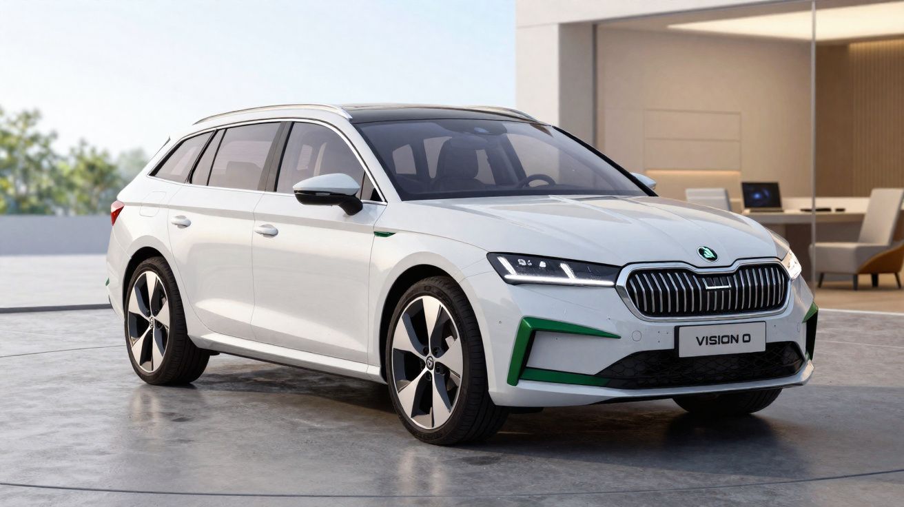 Carro elétrico branco Škoda Vision 0 estacionado em ambiente interno moderno.