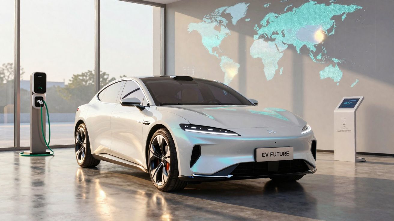 Carro elétrico branco carregando em estação, mapa-múndi digital projetado na parede atrás.