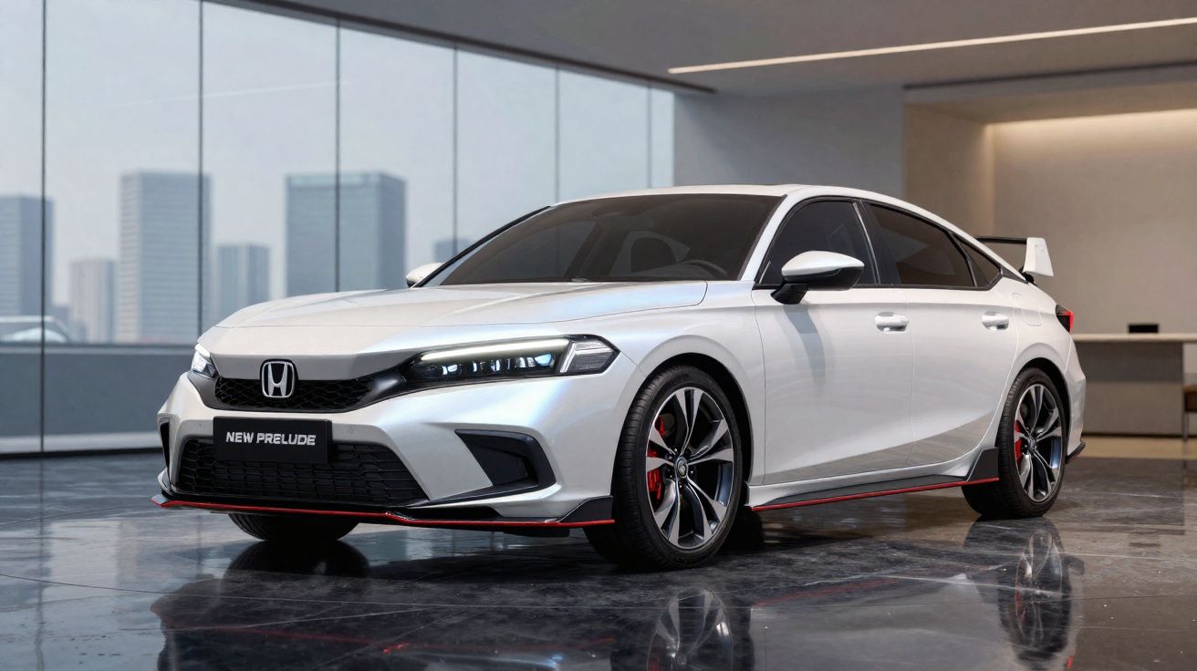 Carro esportivo branco Honda New Prelude estacionado em showroom com piso espelhado e paredes de vidro.