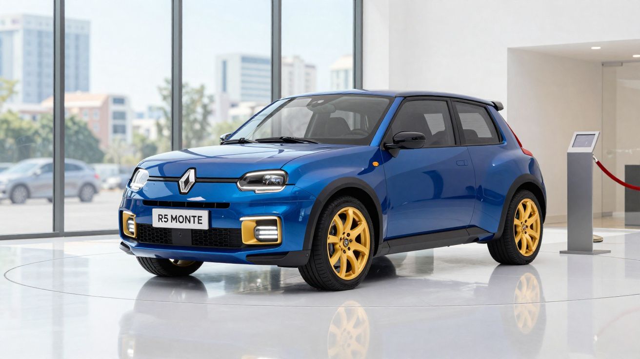 Carro compacto Renault R5 Monte azul com rodas douradas exibido em showroom moderno e iluminado.