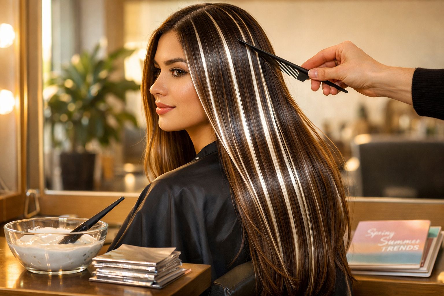 Mulher com cabelo longo e mechas loiras recebe penteado em salão de beleza moderno e iluminado.